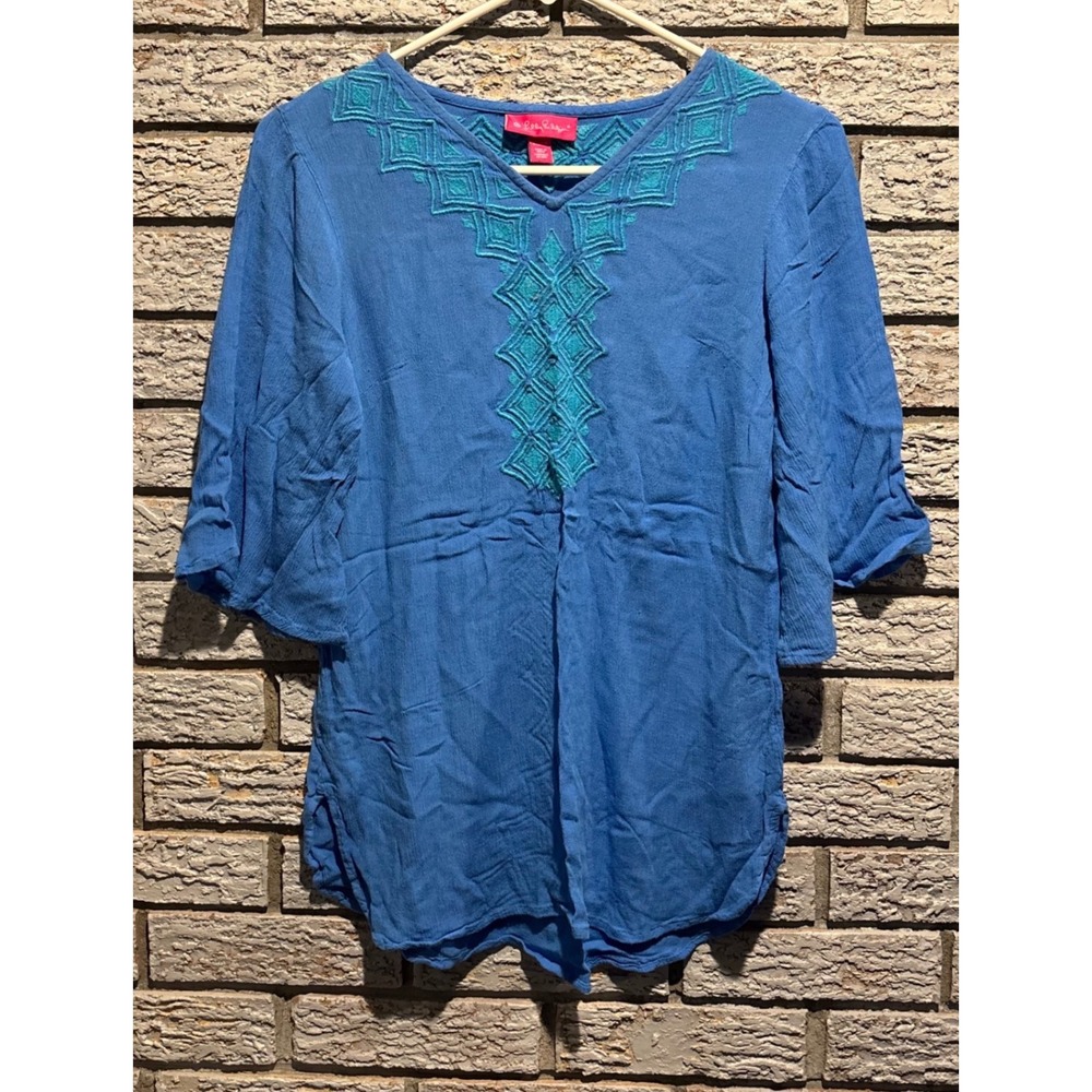 Lilly Pulitzer for Target Blue Embroidered V-Neck Blouse Boho Flutter Sleeve XS